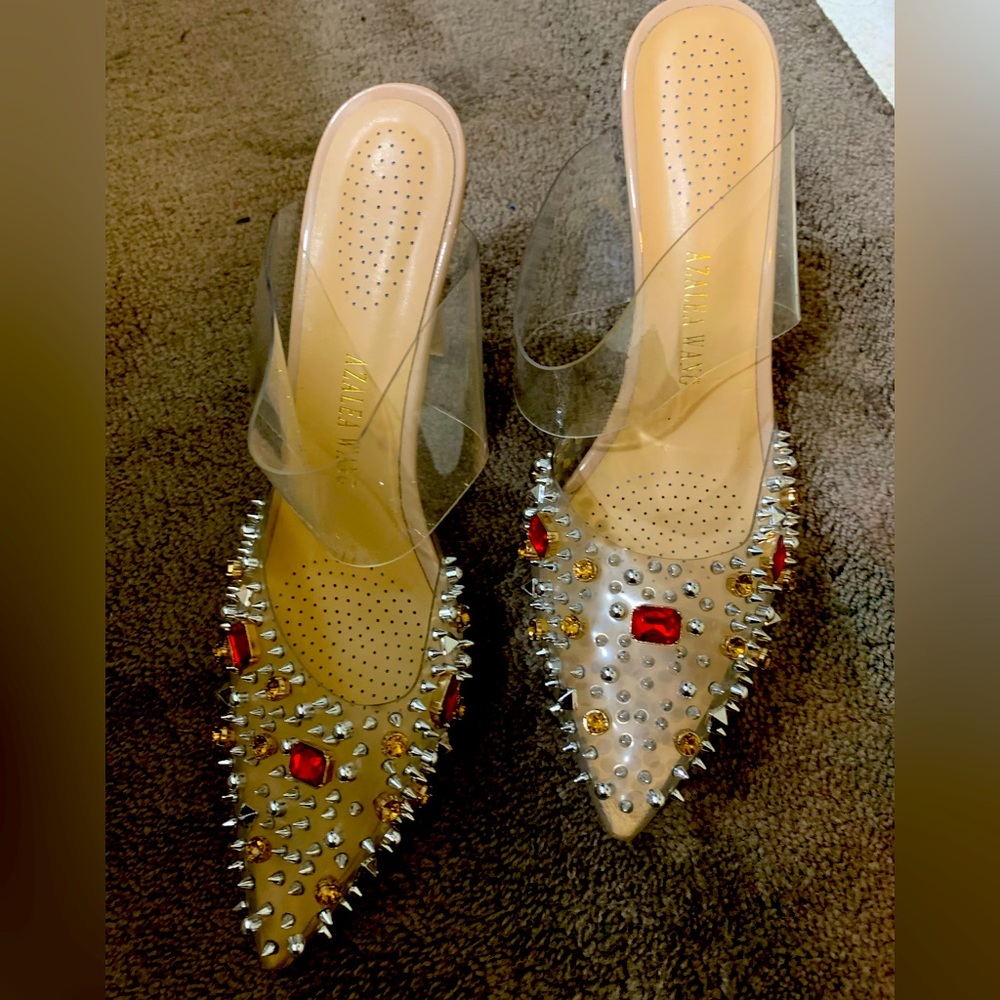 Clear sandals with red stone 3 1/2 inch heel